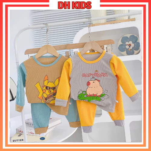 [ D4 ] Đồ bộ tay dài quần dài thu đông chất len tăm dày dặn cho bé trai bé gái 6 - 16kg - DH KIDS