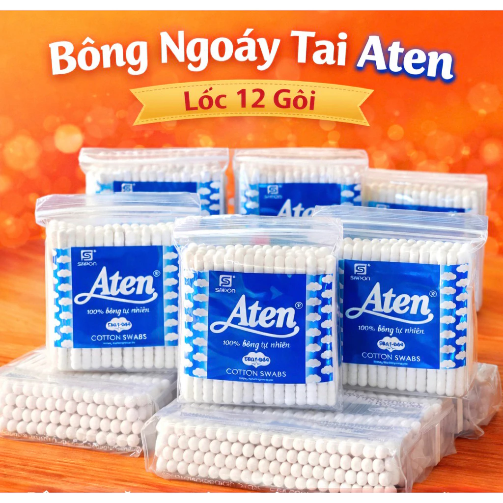 (Hàng 100 que) Sỉ 24 Gói Tăm Bông Aten- Bông Tai Gỗ Kháng Khuẩn Người Lớn Vệ Sinh Tai Mũi, Bông Ngoáy Tai Aten An Toàn