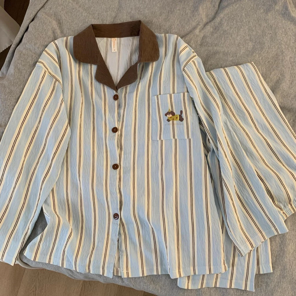 [Ord-853] Pijama dài tay cún hoạ tiết kẻ basic cho nữ form dáng rộng thoải mái dễ mặc phù hợp mặc ở nhà