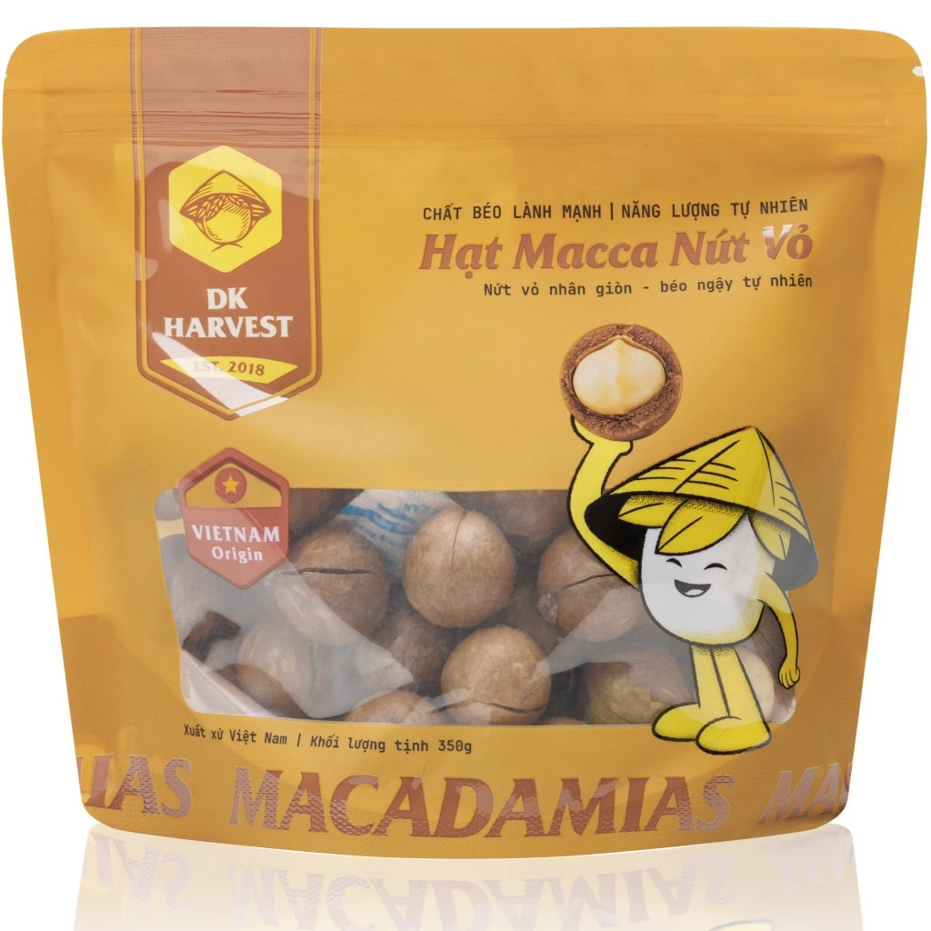 Hạt macca nứt vỏ DK HARVEST túi 350g, hạt mắc ca dễ tách vỏ, Size lớn, thơm mới, ăn liền, dùng làm sữa hạt, làm bánh