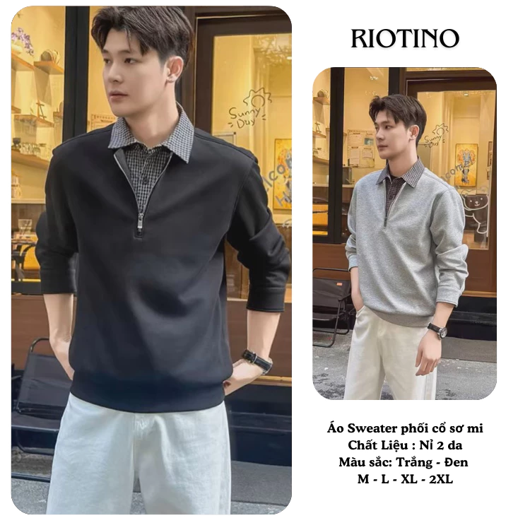 Sweater Nỉ Cổ Khóa Kéo Phối Cổ Sơ Mi RIOTINO, Form Gọn, Phong Cách Smart Casual PL03