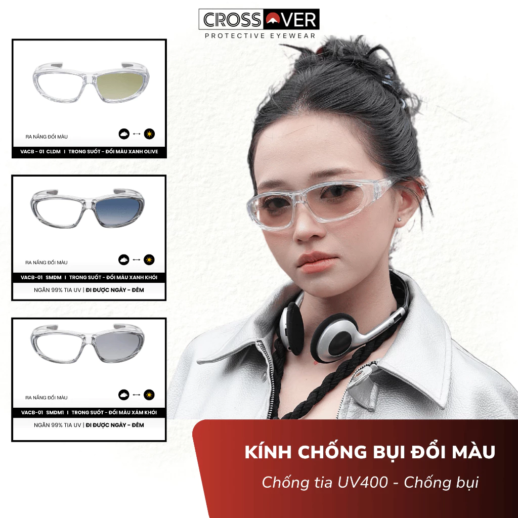 Kính chống bụi đổi màu CROSSOVER - Bảo Vệ Mắt Đi Xe Máy Ngày Đêm Ngăn Tia UV Dành Cho Nam Nữ
