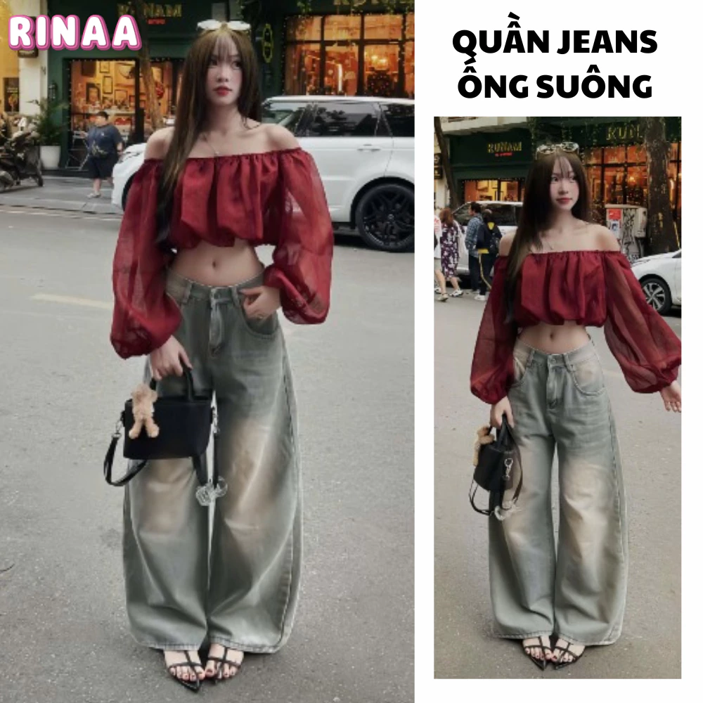 Quần bò nữ RINAA dáng baggy ống suông rộng màu RETRO đen cá tính năng động, quần jean suông màu wash