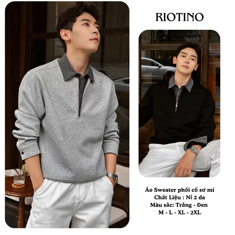 Áo Sweater Thiết Kế Cổ Sơ Mi RIOTINO, Chất Nỉ 2 Da, Form Rộng Unisex PL03