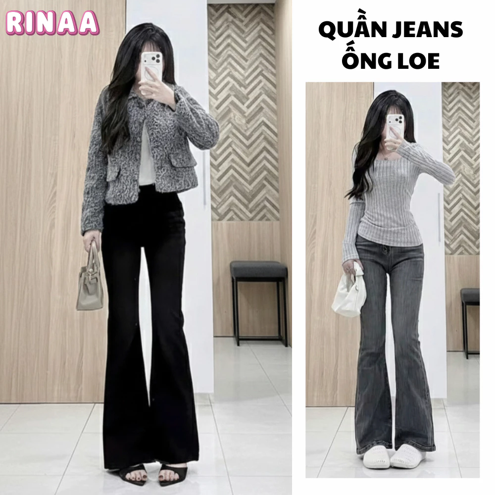 Quần jean ống loe màu đen, quần loe nữ RINAA chất jean dày dăn cạp cao cực tôn dáng dễ phối đồ