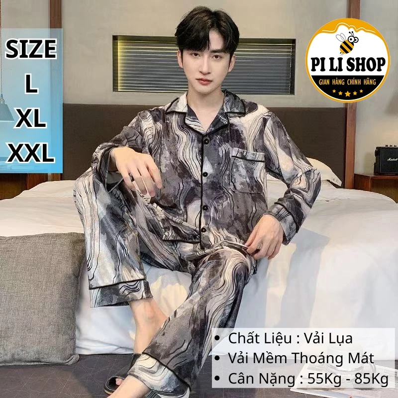 Đồ Ngủ Pijama Lụa Dài Tay Mặc Nhà Cho Nam Vải Mát Da, Đồ Bộ Ngủ Nam Nhẹ Người Lịch Sự SIZE  L XL XXL
