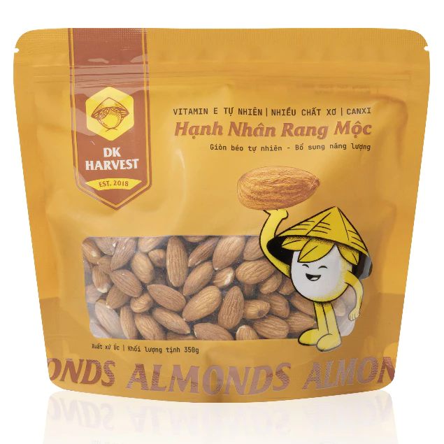 Hạt hạnh nhân sấy chín nguyên vị DK HARVEST, Túi 350g, hạt hạnh nhân chính hãng 100%, nấu sữa hạt, ăn vặt healthy