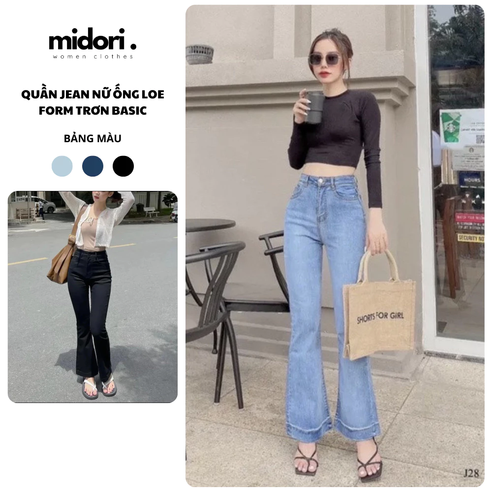 Quần Jean Nữ Ống Loe Lưng Cao Trơn Co Giãn, Quần Bò Nữ Loe Cạp Cao Chất Jean Đẹp Midori Shop JN01