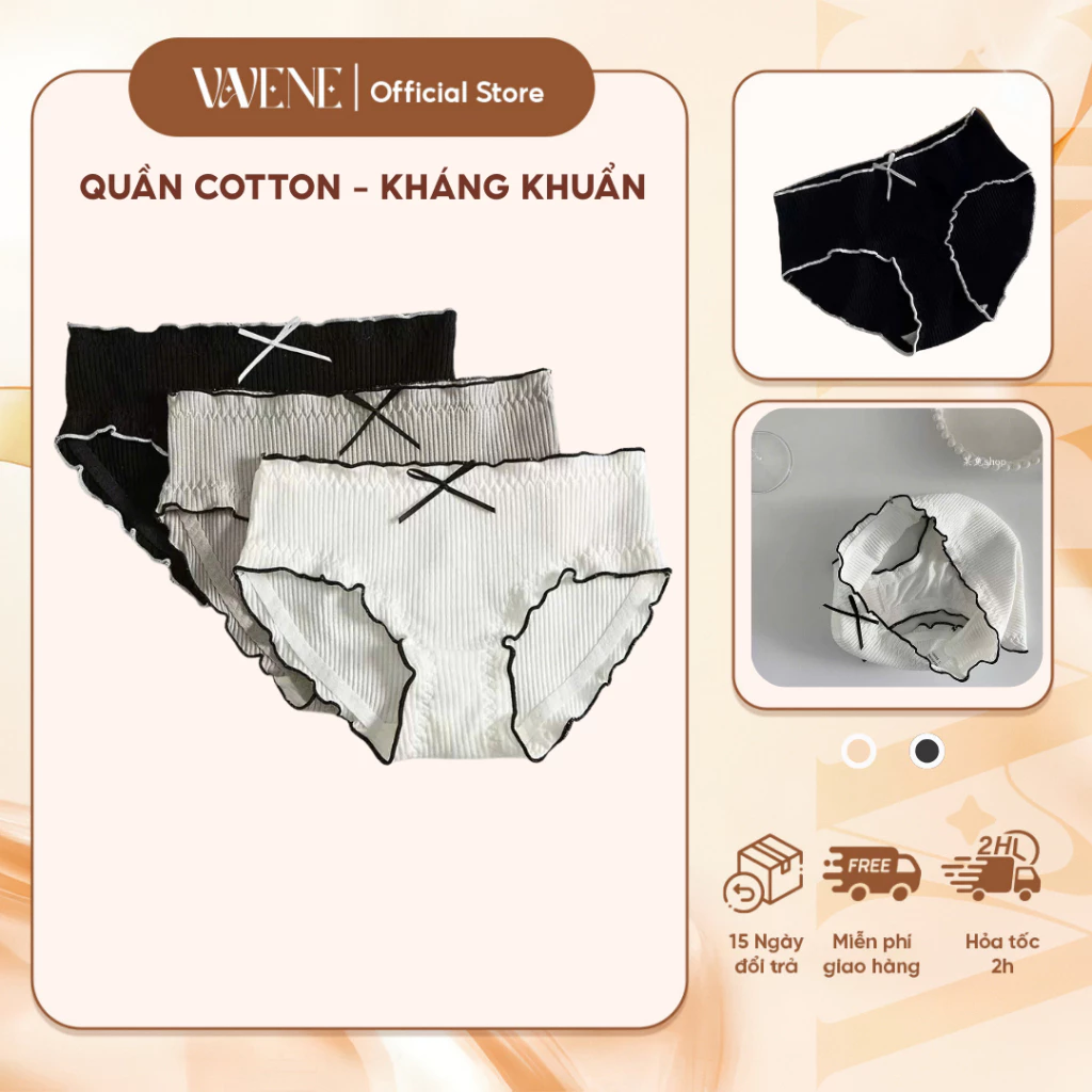 Quần lót nữ, Quần lót Vanvene QL100- quần lót cotton gân tăm bèo nhúm gắn nơ xinh xắn