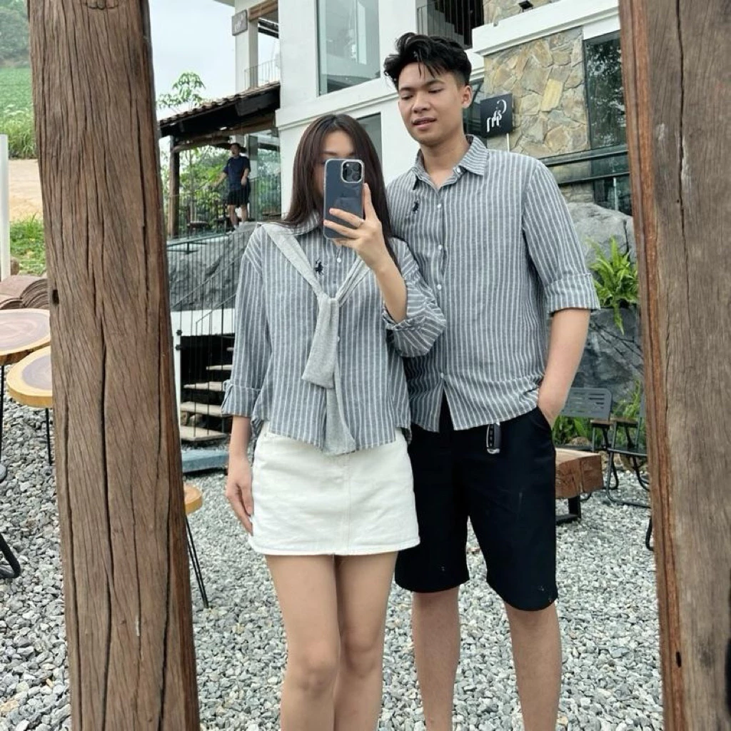 ( S -46)[ GIÁ MỞ BÁN]( giá cặp) Bộ đồ đôi couple mặc cùng người yêu sơmi nam nữ dài tay thêu ngựa chất thô mềm  kèm khăn