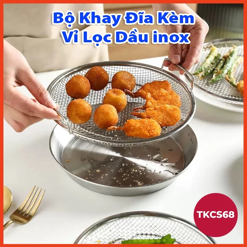 Bộ Khay Đĩa Kèm Vỉ Lưới Lọc Dầu Inox Cao Cấp Tiện Dụng Cho Mọi Gian Bếp Đựng Thực Phẩm Chiên Rán Luộc  Kích Thước 20CM