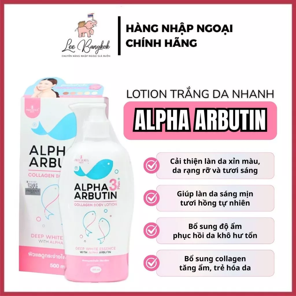 Sữa Dưỡng Thể Trắng Da Precious Skin Alpha Arbutin Collagen Lotion 3+ Plus Thái Lan Dưỡng Trắng Mã QR 500ml LEEBANGKOK
