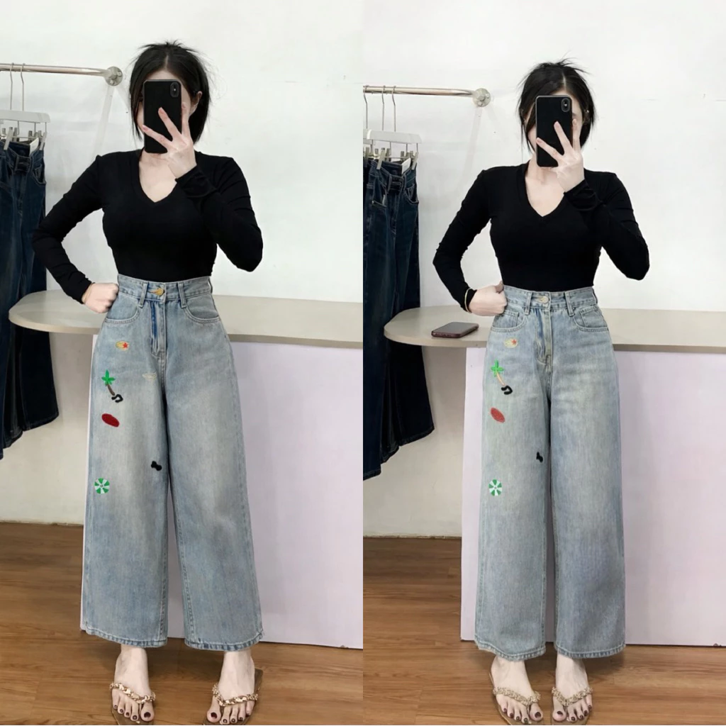 Quần jean nữ ống suông rộng QC thêu nấm dài 87cm + 97cm size XS/XL Shop Nhí ( 7226 )