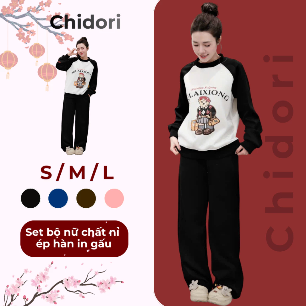 ( Deal Tết 2026) Set Bộ Nỉ Nữ Chidori In Gấu Gồm Áo Sweater Và Quần Dài Ống Rộng Chất Liệu Nỉ Hai Da logo in 5d