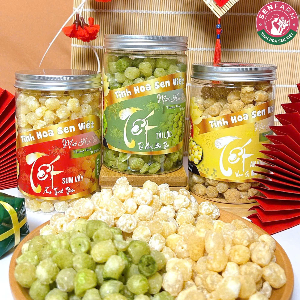 Mứt Hạt Sen ít Đường Với 3 hương vị truyền thống, Trà Xanh Matcha và vị Gừng Senfarm - Mứt Tết - Bánh Tết - Quà Tết