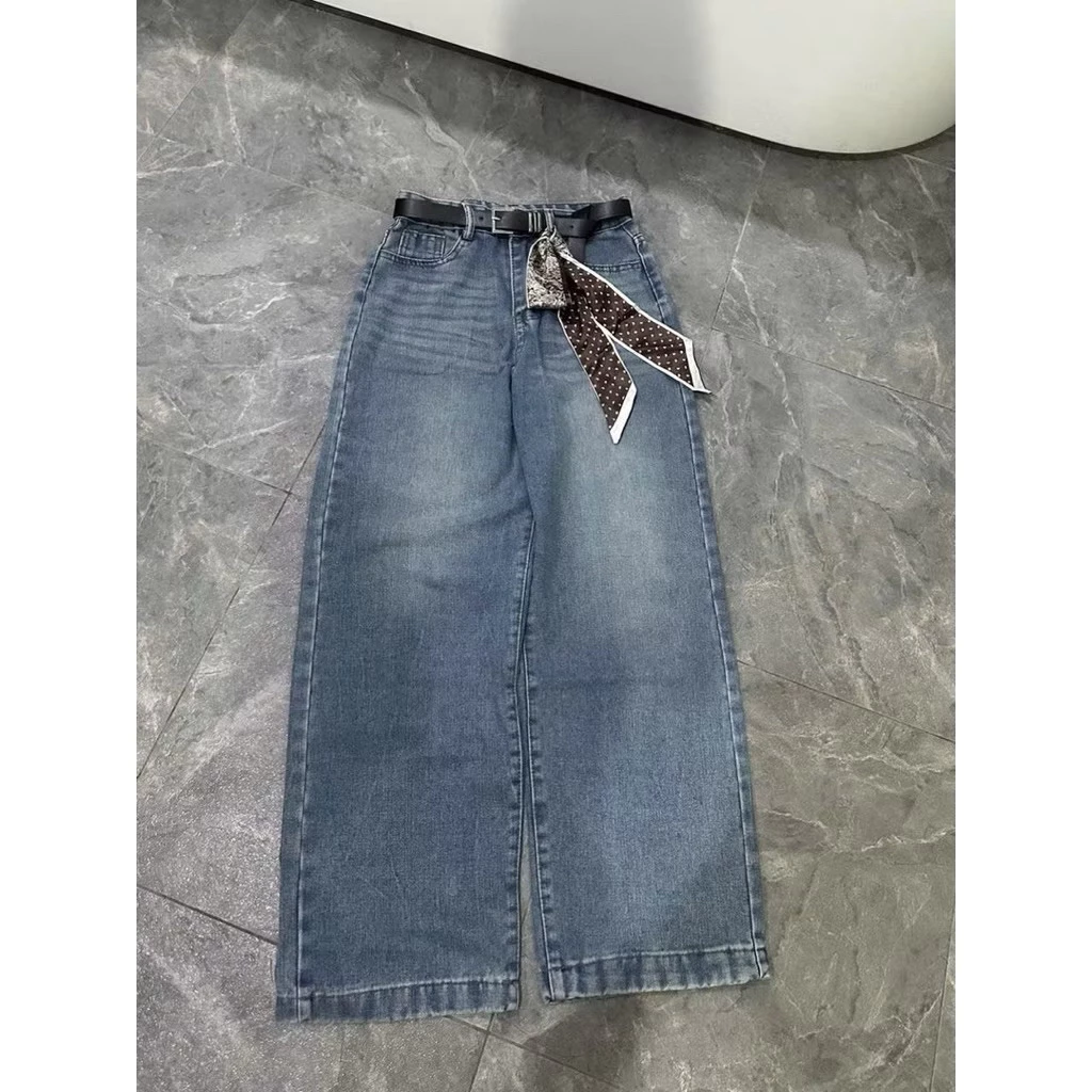 Quần jeans suông nữ ống rộng màu xanh basic kèm khăn siuu hot