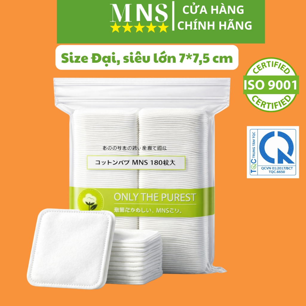 Bông tẩy trang MNS 180 miếng SIZE đại 7x7,5cm Cotton tự nhiên mềm mịn, bông…