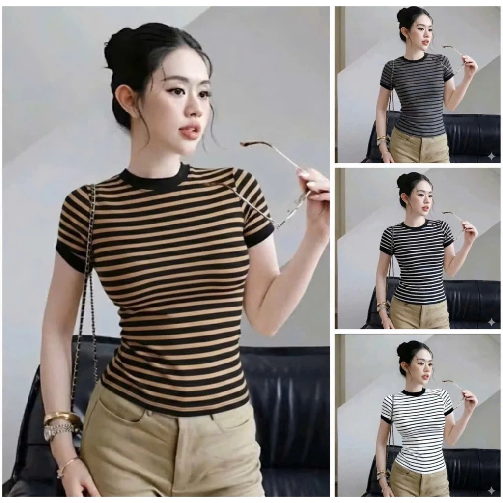 Áo thun sọc viền nữ chiết eo basic cổ tròn, áo baby tee cộc tay ôm body kẻ ngang chất liệu thun gân co giãn 4 chiều