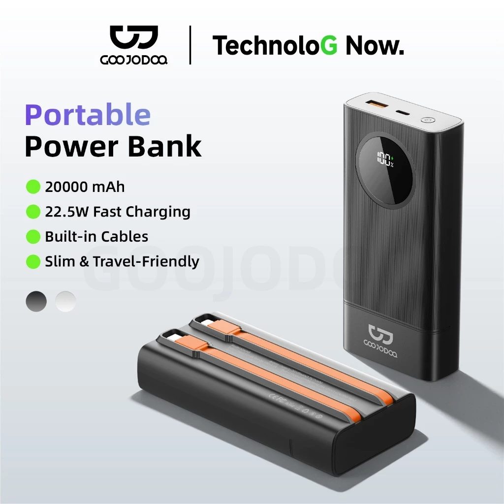 Sạc dự phòng Goojodoq 20000mAh, sạc nhanh 22.5W, cáp sạc tích hợp, màn hình LED hiển thị kỹ thuật số