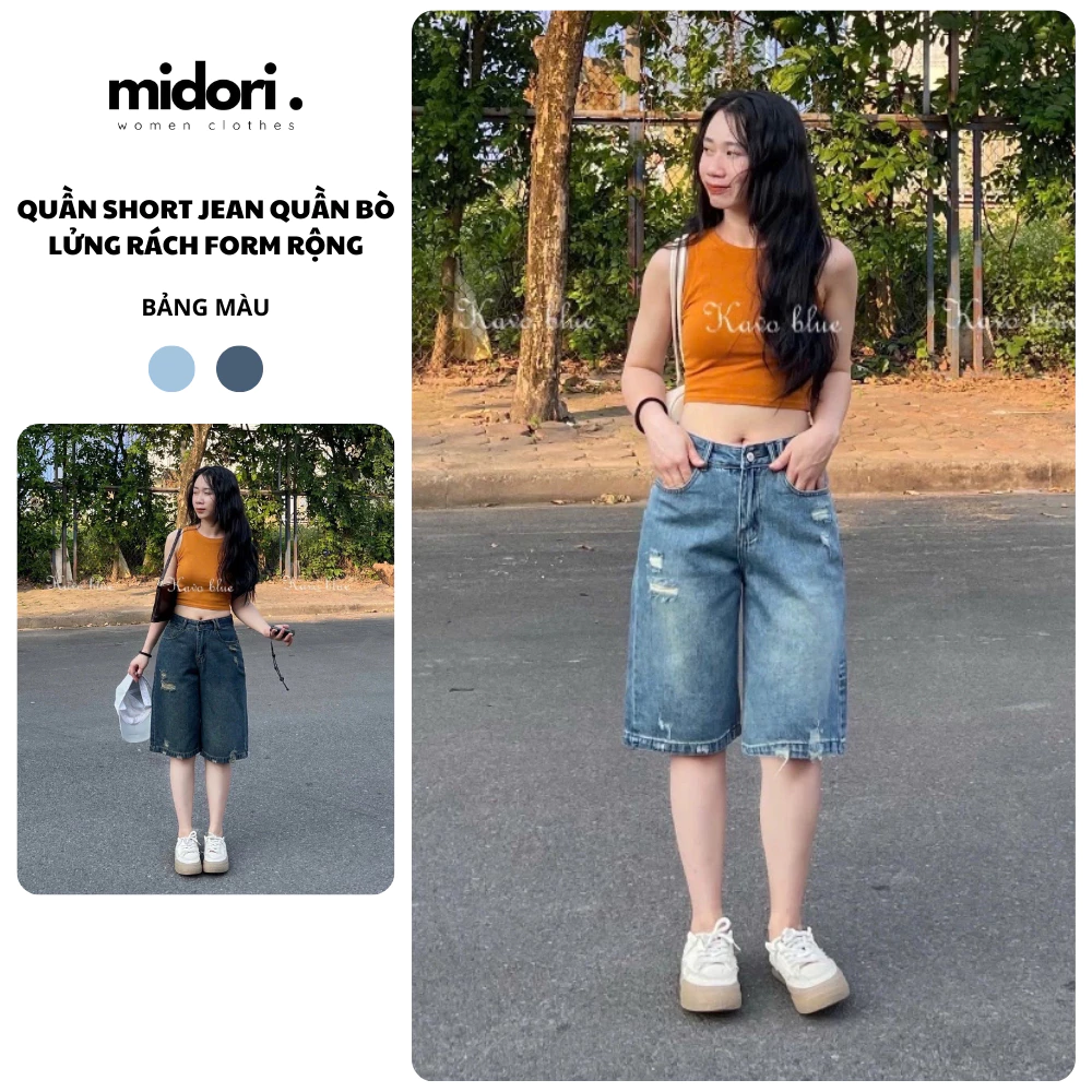 Quần Short Jean Nữ Lửng Ống Rộng, Quần Bò Ngố Nữ Form Rộng Lưng Cao Chất Jean Mềm Midori Shop QA65