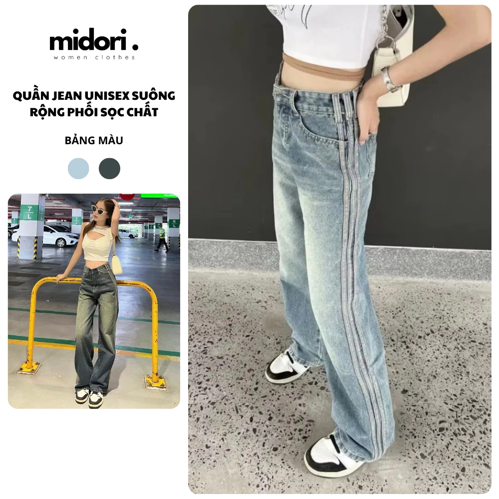 Quần Jean Ống Rộng Phối Sọc Unisex Midori Shop Quần Bò Nữ Ống Suông Cạp Cao Cá Tính CN08