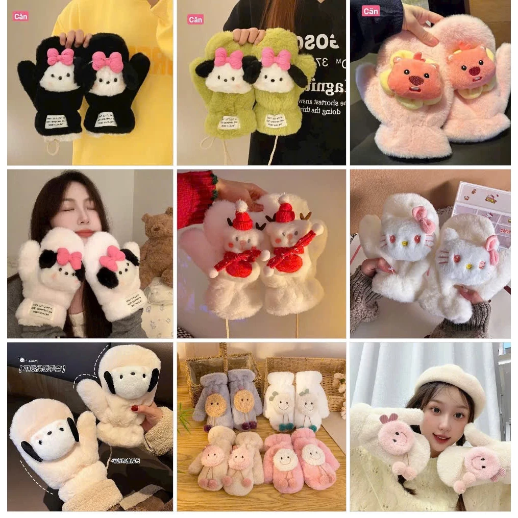 Găng tay lông thỏ họa tiết hellokitty, cappy bara nhiều hình dễ thương ấm áp cho nữ