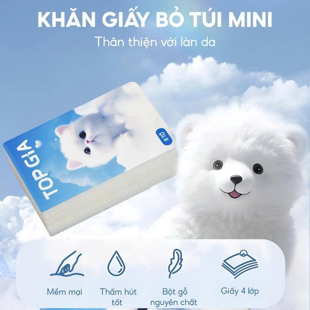 [Hỏa Tốc] Khăn Giấy Bich 10 gói Khăn giấy mini bỏ túi Top Gia  1Goi 8 tờ 4 lớp mềm mịn, an toàn cho da Dễ Thương