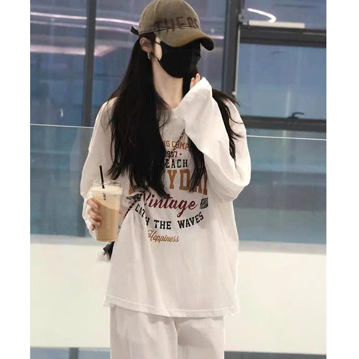 Áo thun nữ tay dài chất xược giấy MENINA, áo thun dài tay nữ dáng rộng in hình thời trang.