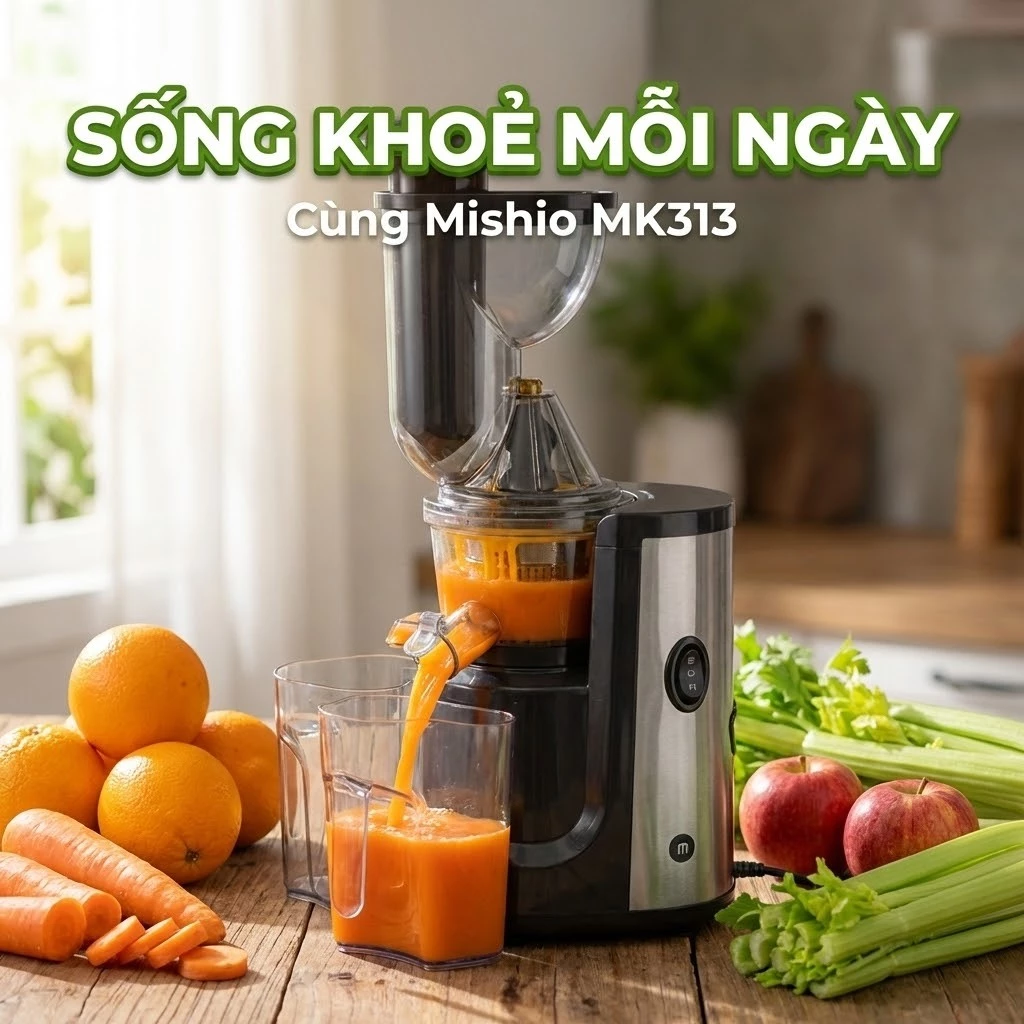 Máy ép trái cây Mishio slowjuicer MK313 motor đồng trục bánh răng thép bền bỉ trọng lượng máy 6kg