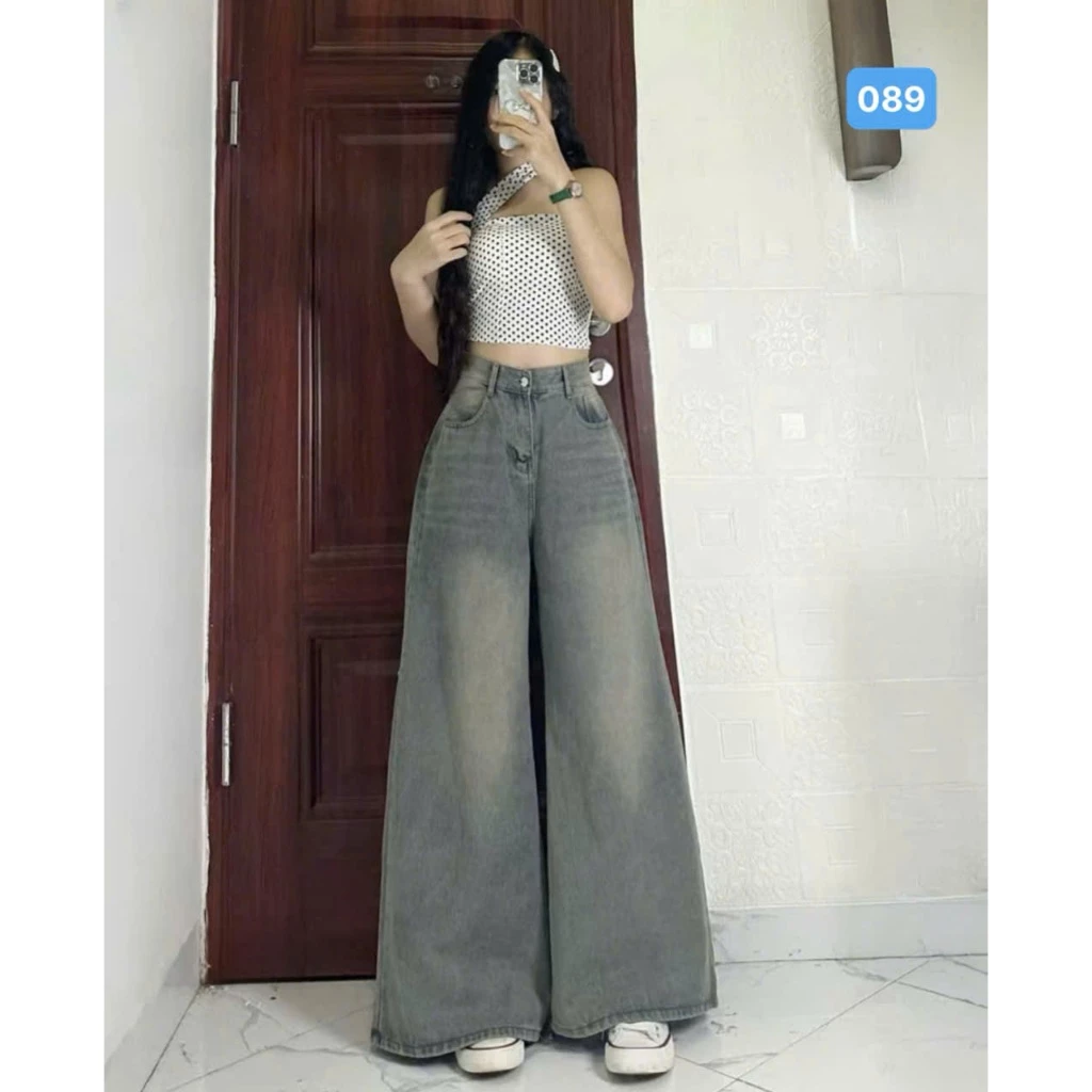 Quần jean nữ ống suông rộng cạp cao tôn dáng - QBG089 màu xám xanh chất jean mềm mại form dáng đơn giản