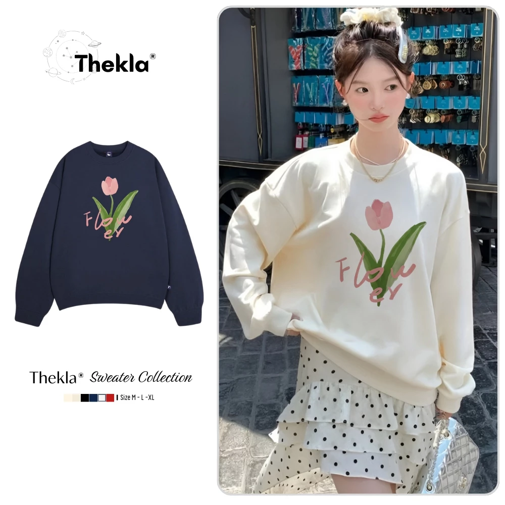 Áo Sweater THEKLA BST200 Hình Hoa Tulip - Áo Nỉ Lông Cáo Cao Cấp, Form Rộng Oversize