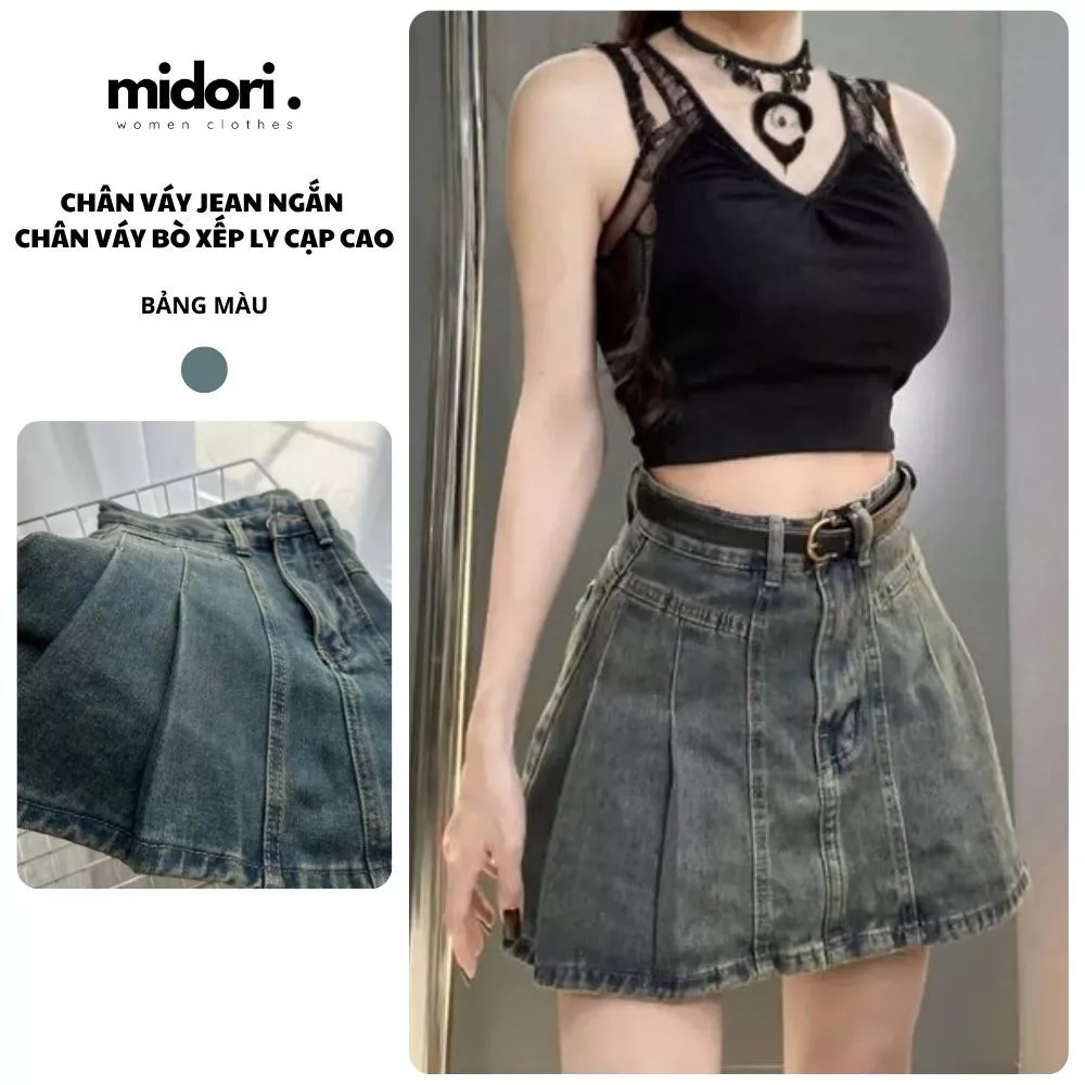 Chân Váy Jean Xếp Ly Ngắn Màu Trend Retro Basic Có Lót Quần Dễ Phối Đồ Midori Shop CN02