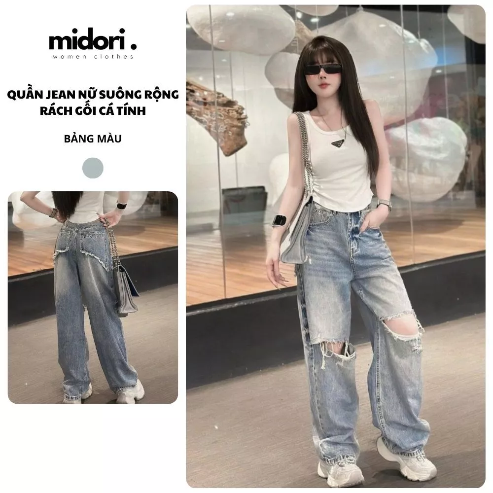 Quân jean ống rộng chât rách gối cá tính, Quần bò ống rộng dáng suông cạp cao phong cách hiphop KN02
