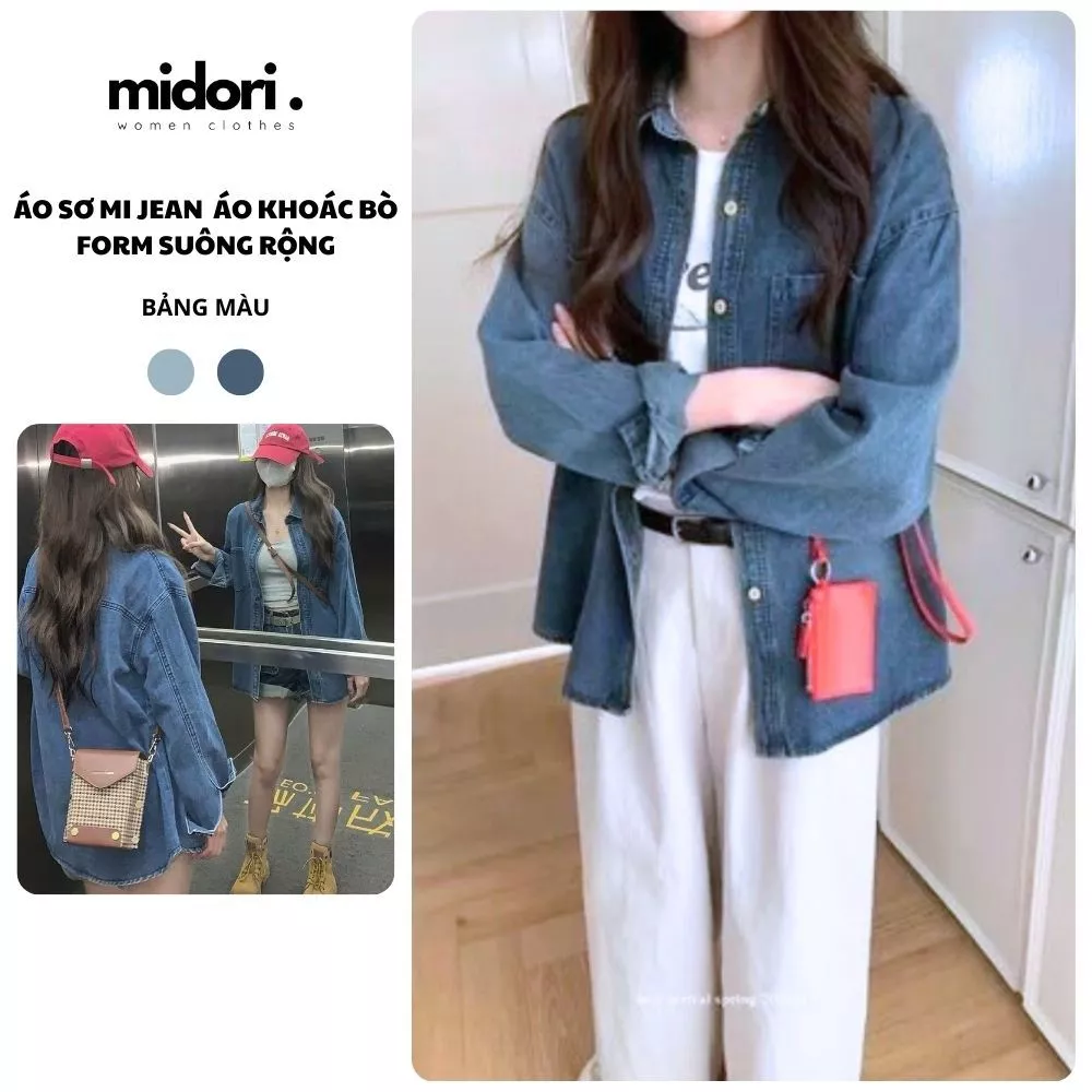 Áo Sơ Mi Jean Nữ Tay Dài Phong Cách Retro Midori Shop Áo Khoác Denim Dáng Suông Basic Dễ Phối HS10