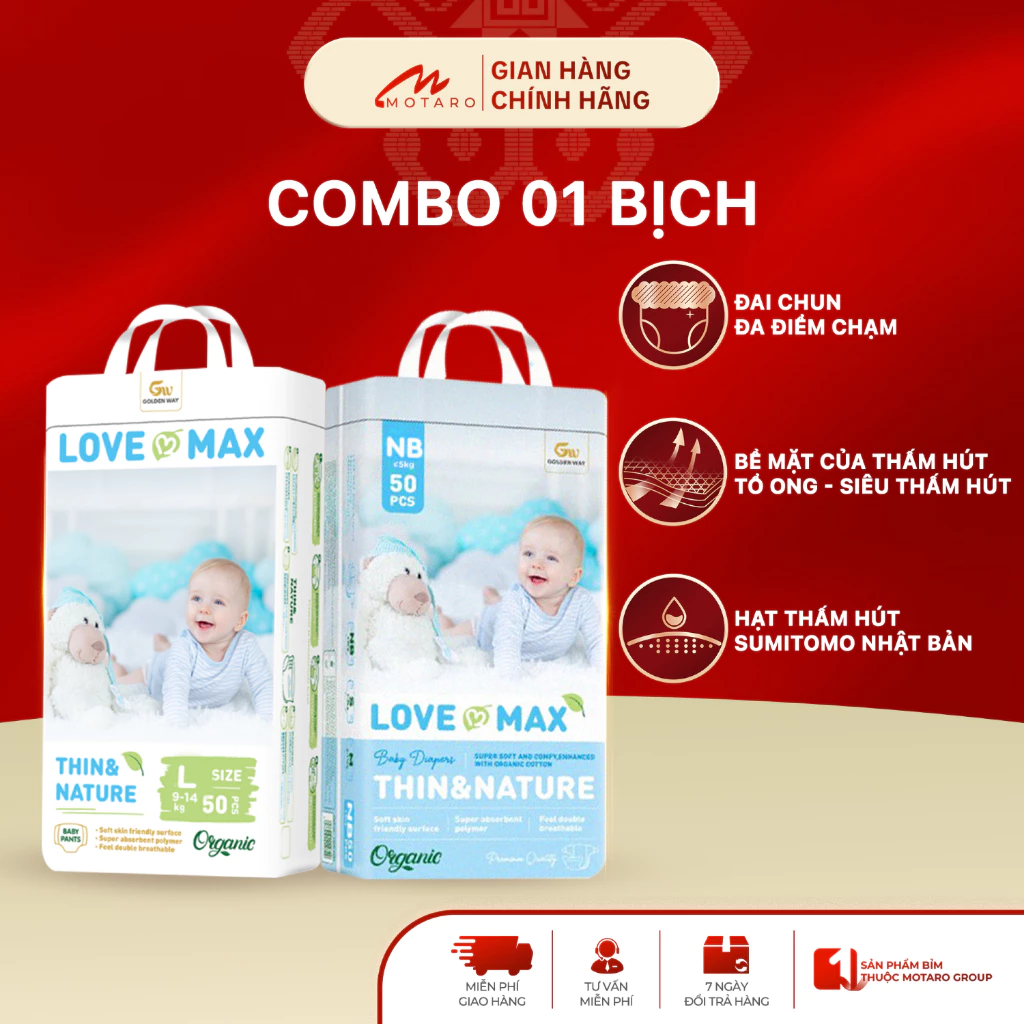 [KHÔNG QUÀ] 1 Bịch Tã Bỉm Dán Quần LOVE MAX 100% Organic Cho Bé Thoải Mái Vận Động