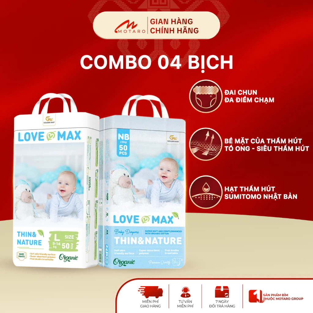 [KHÔNG QUÀ] 4 Bịch Tã Bỉm Dán Quần LOVE MAX 100% Organic Cho Bé Thoải Mái Vận Động