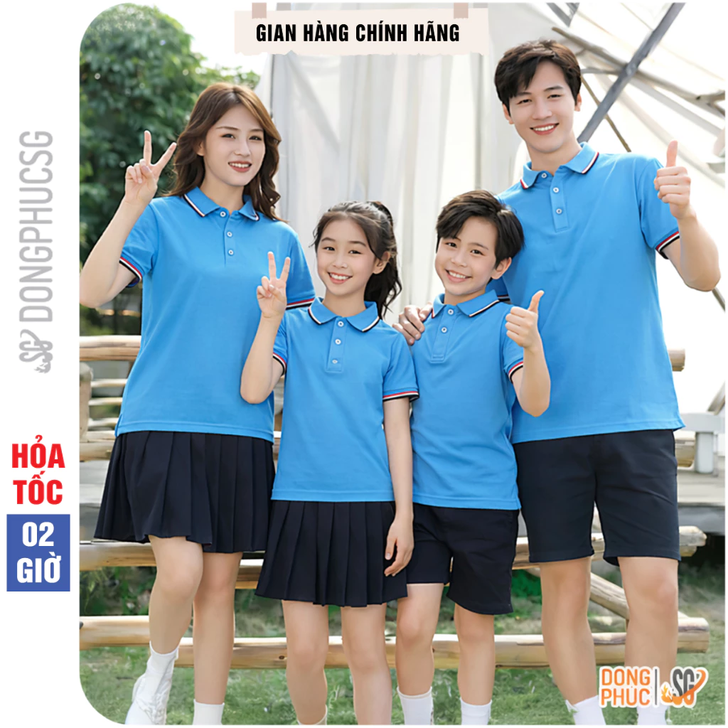 Áo gia đình có cổ polo màu xanh chất vải cá sấu dày dặn đủ size làm đồng phục cổ trụ thanh lịch A3SX