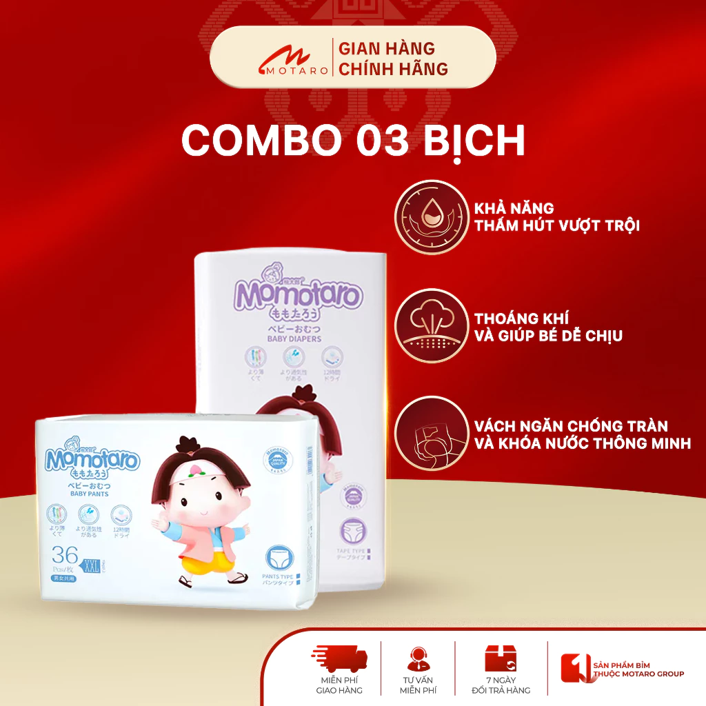 [COMBO 3 BỊCH] Tã Bỉm Dán Quần Momotaro Siêu Mỏng, Thoáng Mát