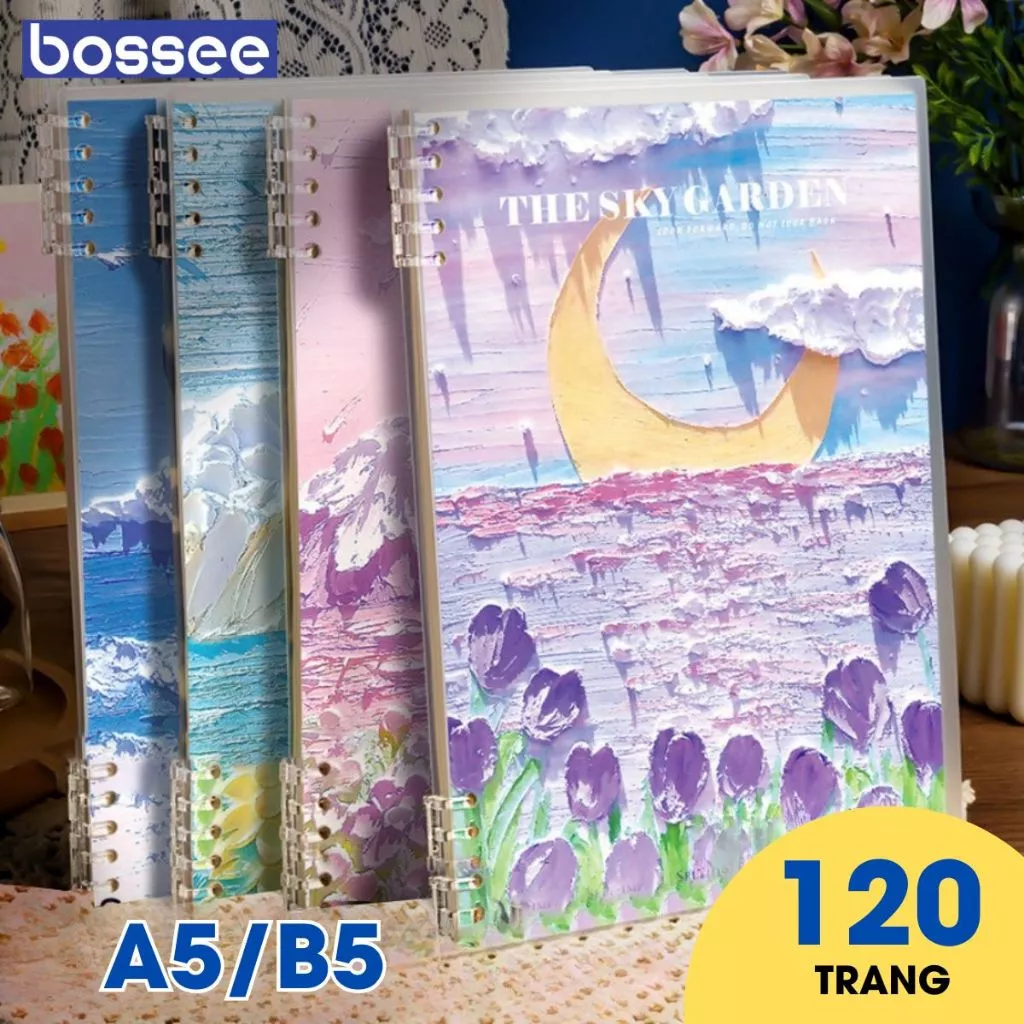 Sổ còng A5/B5 120 trang, bìa sổ còng họa tiết tranh sơn dầu - bìa còng 10 lỗ nhựa mềm bền đẹp làm sổ tay, vở viết