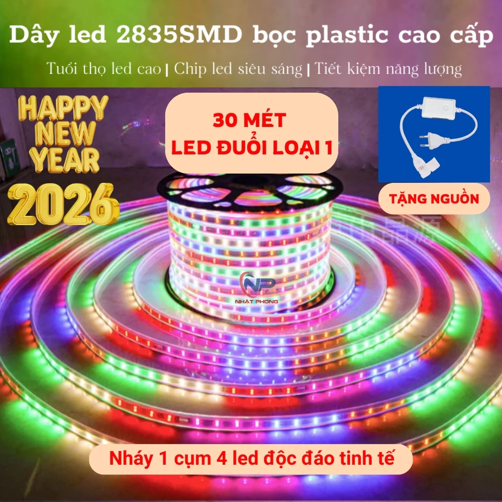 30MDây đèn led 2835 nháy đuổi bọc plastic 5M,10M,20M,30M chống nước,Tặng Kèm Nguồn,đèn led hắt trần,trang trí phòng,cây