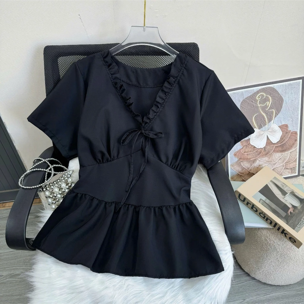 Áo Kiểu Bigsize Nữ, Áo Xinh Trendy Cổ Tim Bo Eo Phối Vạt Bèo Cột Nơ Sau Dễ Thương Tôn Dáng Bigsize Cô Nhỏ  - A315