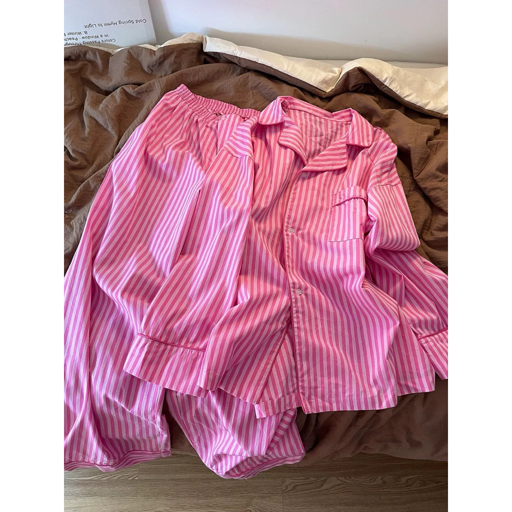 906_ Bộ ngủ nữ, pijama dài chất cotton kẻ sọc hồng form to | Hàng QCCC | 9scat