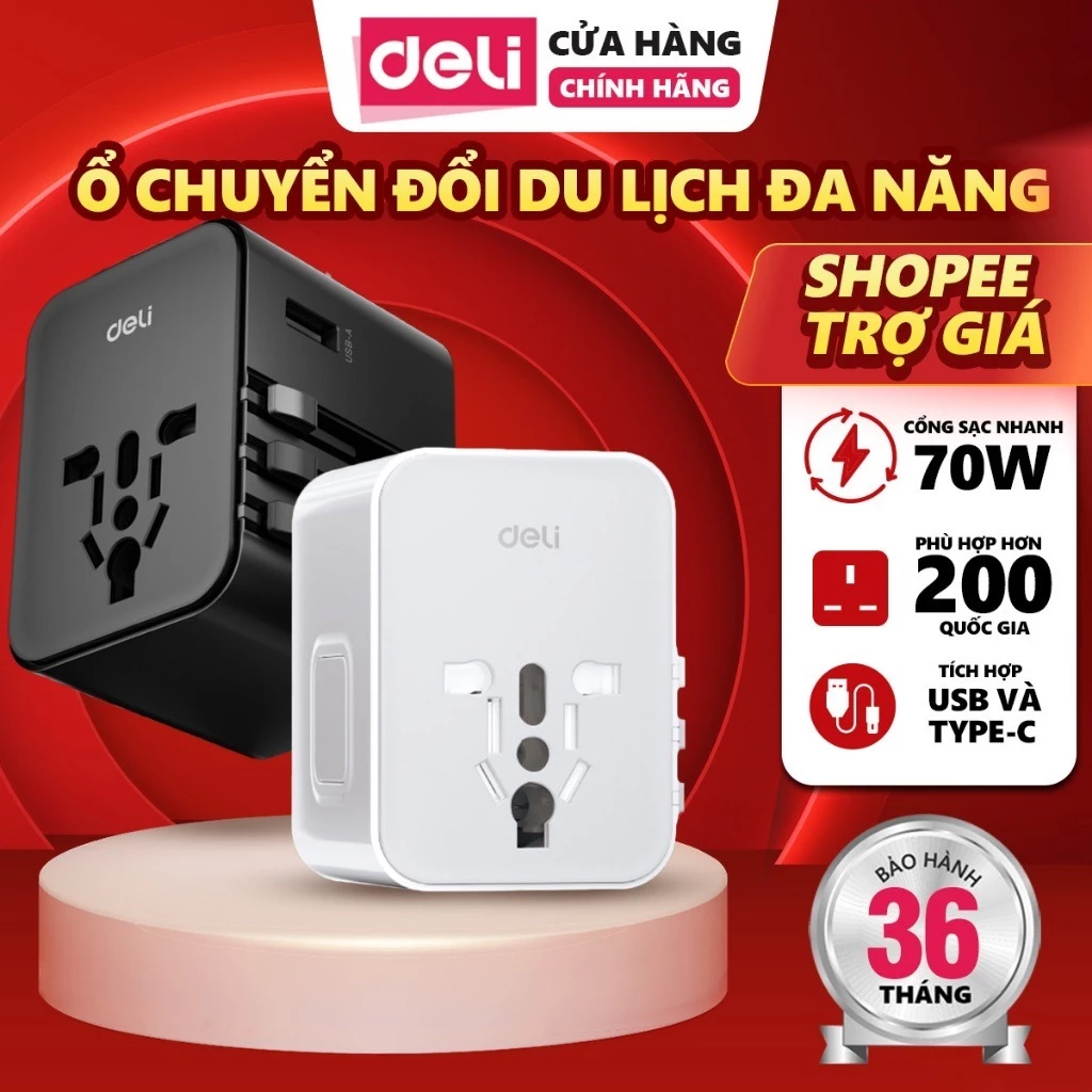 Ổ Cắm Chuyển Đổi Du Lịch Deli Sạc Nhanh 25W Ổ Chia Điện 4 Loại Chân Cắm Chuyển Đổi Dòng Điện