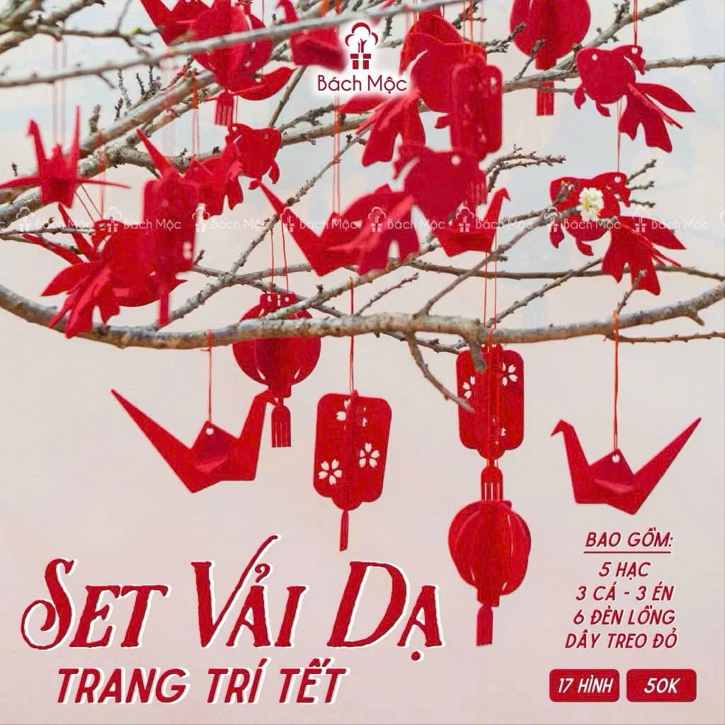 Set Trang Trí Tết Vải Nỉ Dạ Đỏ 17 Món |Chim Én –Chim Hạc –Đèn Lồng Treo Cành Đào Tuyết Mai Decor Tết Trung Thu 2026