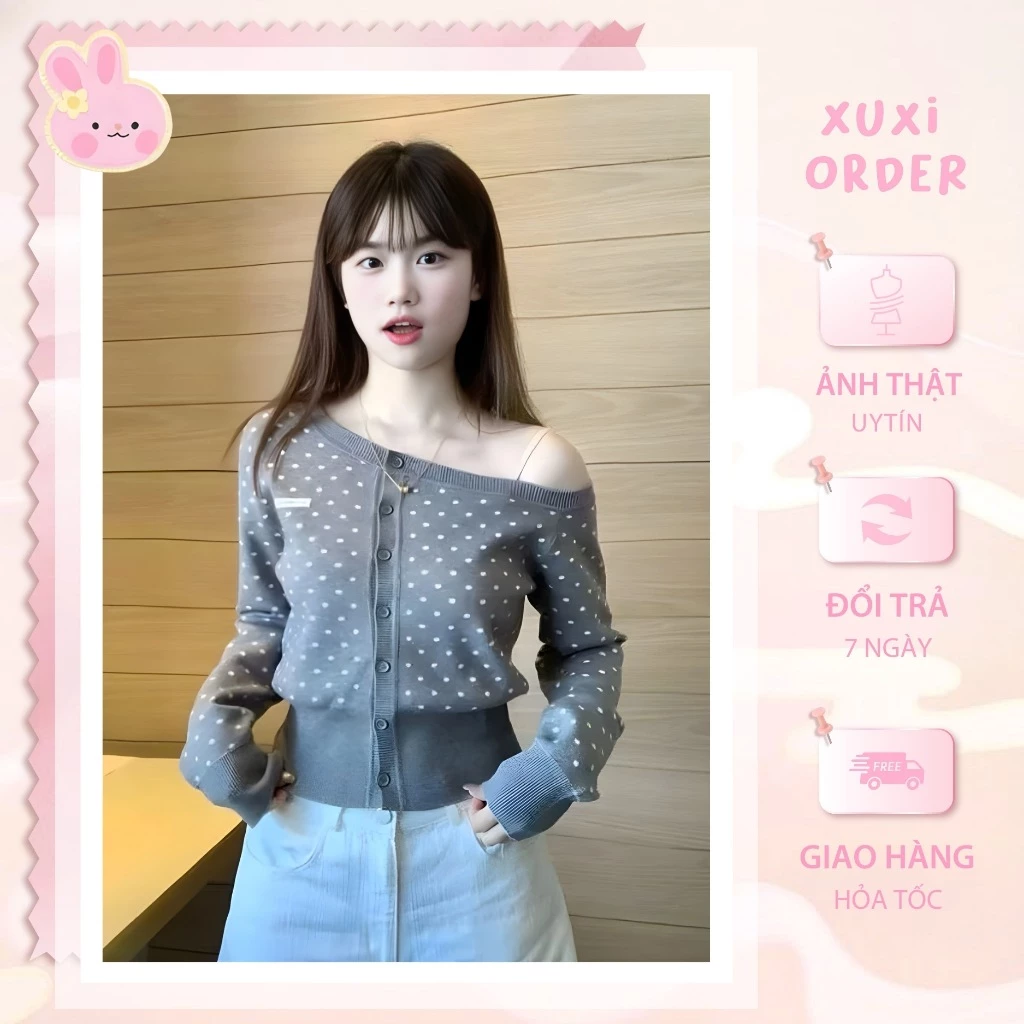 Áo Len Lệch Vai Chấm Bi - Áo Len Basic Nữ Tính Thời Trang Thu Đông Dáng Ôm Nhẹ Tôn Dáng