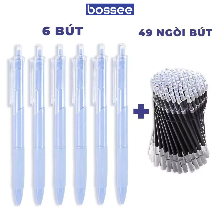 COMBO 6 Bút gel+ 49 Ngòi tiết kiệm dành cho học sinh, bút bi mực đen ngòi 0.5mm, lõi dẫn mực chất lượng dùng cả năm học