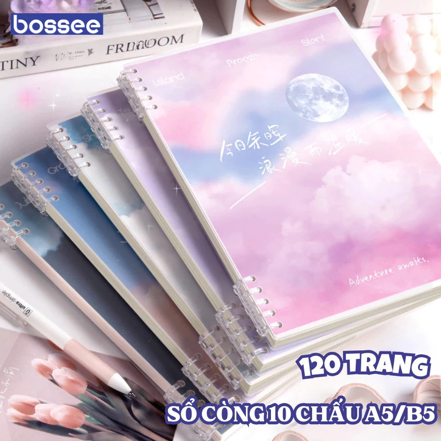 Sổ còng họa tiết đám mây A5 B5 120 trang thay được giấy, bìa sổ còng màu pastel kèm ruột giấy
