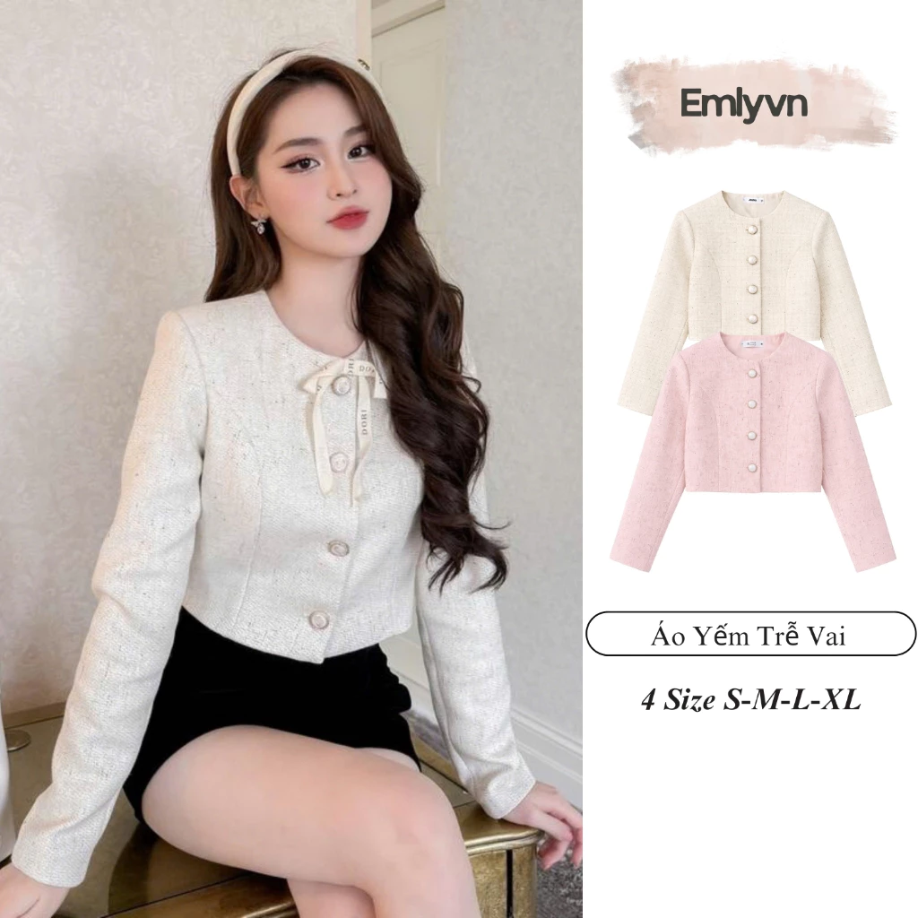 EMLYvn - Áo Khoác Dạ Tweed Nữ Cao Cấp 4 Cúc, Áo Dạ 2 Lớp Dáng Ngắn Áo Dạ Croptop Tay Dài Dành Cho Nữ (TẶNG KÈM NƠ )