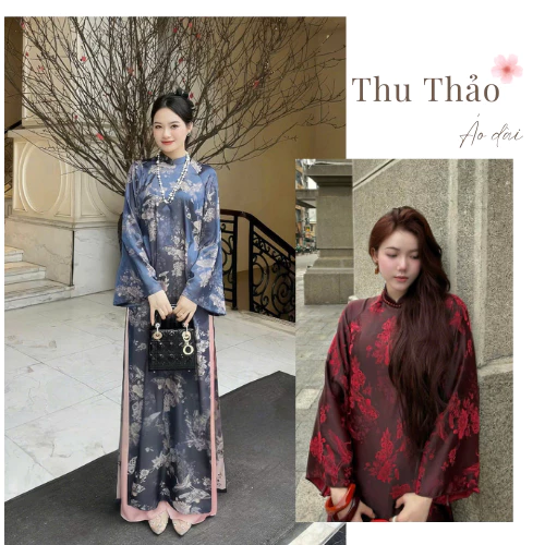 Áo dài lạc vân,áo dài xuông xưa truyền thống,chất liệu gấm in họa tiết trên nền vải sang trọng