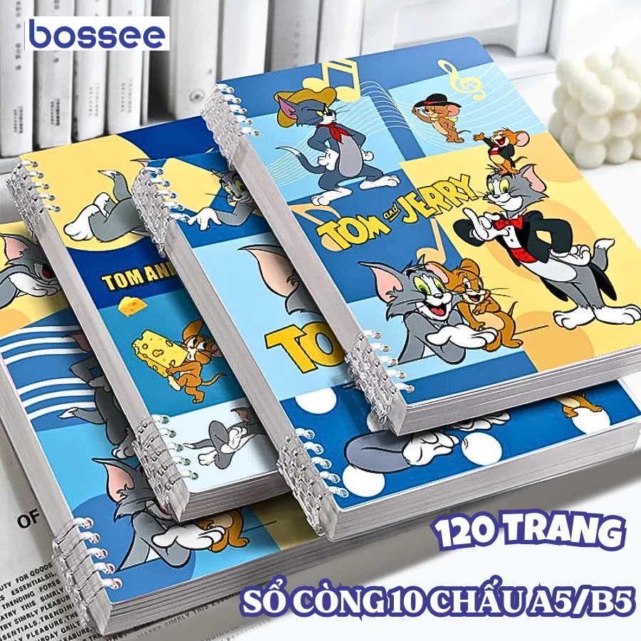 Sổ còng A5 B5 120 Trang, bìa sổ 10 còng hình Tom và Jerry ngộ nghĩnh có thể tháo rời, thay, fill giấy tiện lợi